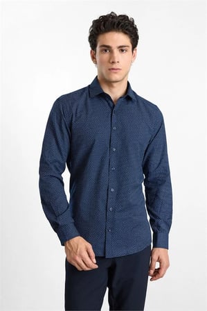 Lacivert Slim Klasik Yaka Minimal Oxford Cepsiz Düğmeli Uzun Kollu Casual Gömlek