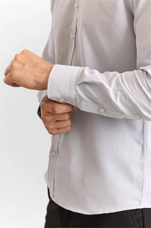 Gri Slim Klasik Yaka Düz Armürlü Cepsiz Düğmeli Uzun Kollu Casual Gömlek