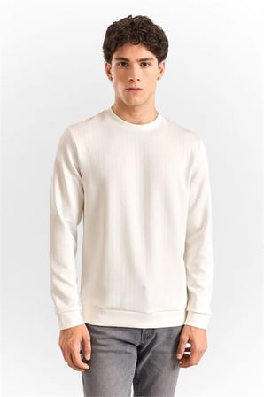 Beyaz Regular Dikey Çizgili Baskısız Jakarlı Bisiklet Yaka Cepsiz Sweatshirt
