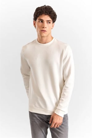 Beyaz Regular Dikey Çizgili Baskısız Jakarlı Bisiklet Yaka Cepsiz Sweatshirt
