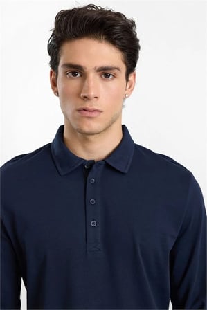 Lacivert Regular Düz Baskısız Süprem Düğmeli Polo Yaka Cepsiz Sweatshirt
