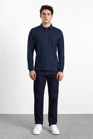 Lacivert Regular Düz Baskısız Süprem Düğmeli Polo Yaka Cepsiz Sweatshirt