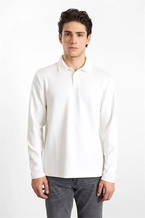 Beyaz Regular Dikey Çizgili Baskısız Jakarlı V Pat Polo Yaka Cepsiz Sweatshirt