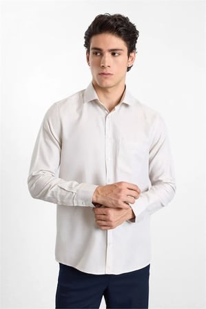 Bej Regular Klasik Yaka Düz Armürlü Kapaksız Cep Düğmeli Uzun Kollu Casual Gömlek