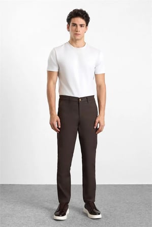 Koyu Kahve Slim Düz Armürlü Normal Bel Casual Pantolon