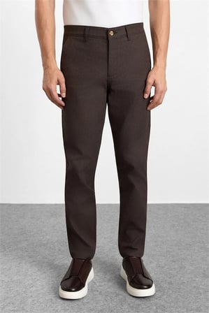 Koyu Kahve Slim Düz Armürlü Normal Bel Casual Pantolon