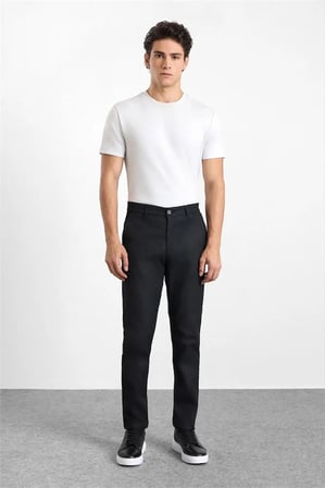 Siyah Slim Düz Armürlü Normal Bel Casual Pantolon