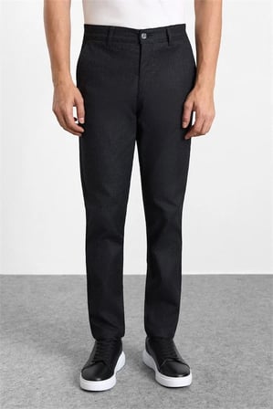 Siyah Slim Düz Armürlü Normal Bel Casual Pantolon