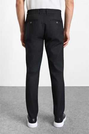Siyah Slim Düz Armürlü Normal Bel Casual Pantolon