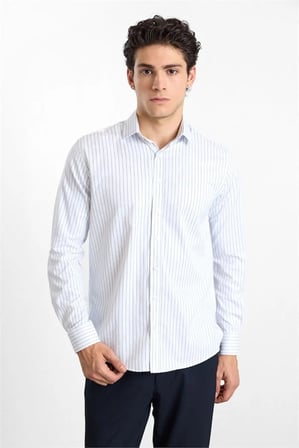 Lacivert Regular Klasik Yaka Dikey Çizgili Armürlü Cepsiz Düğmeli Uzun Kollu Casual Gömlek