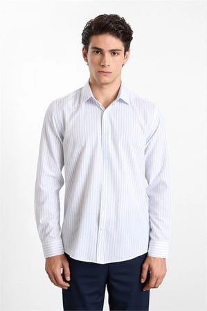 Lacivert Slim Klasik Yaka Dikey Çizgili Armürlü Cepsiz Düğmeli Uzun Kollu Casual Gömlek