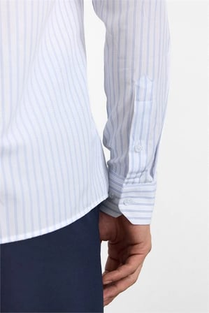 Lacivert Slim Klasik Yaka Dikey Çizgili Armürlü Cepsiz Düğmeli Uzun Kollu Casual Gömlek