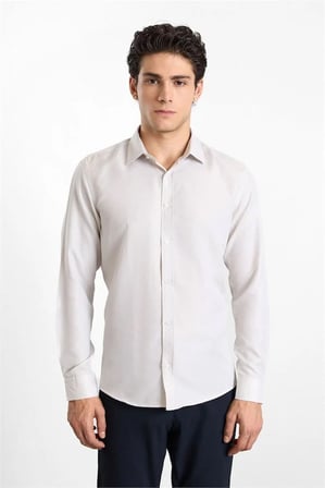 Bej Slim Klasik Yaka Düz Armürlü Cepsiz Düğmeli Uzun Kollu Casual Gömlek