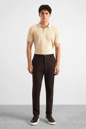 Koyu Kahve Slim Düz Twill Yarım Lastikli Jogger Pantolon