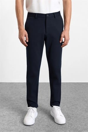 Lacivert Slim Düz Twill Yarım Lastikli Jogger Pantolon