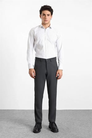 Antrasit Slim Düz Twill Normal Bel Casual Pantolon