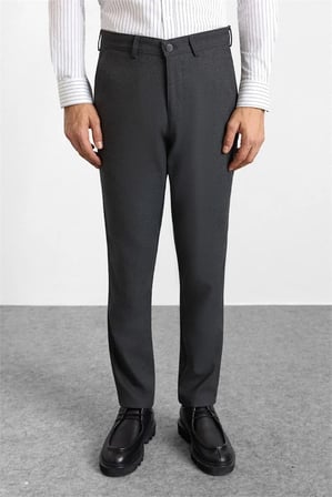 Antrasit Slim Düz Twill Normal Bel Casual Pantolon