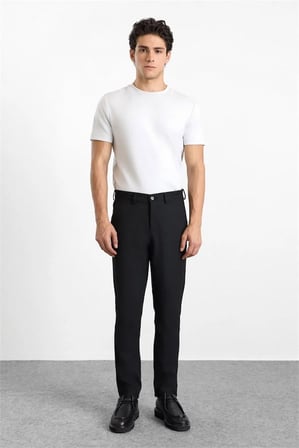 Siyah Slim Düz Twill Normal Bel Casual Pantolon