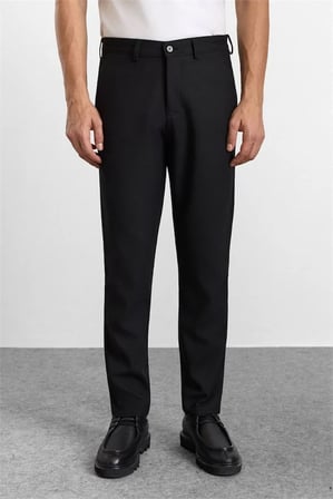 Siyah Slim Düz Twill Normal Bel Casual Pantolon
