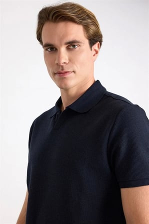 Lacivert Regular Düz Baskısız Waffle V Pat Polo Yaka Tişört