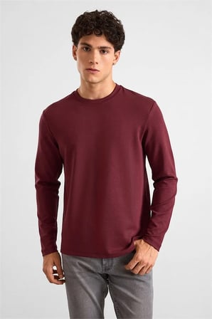 Koyu Bordo Regular Düz Baskısız İnterlok Bisiklet Yaka Cepsiz Düz Sweatshirt