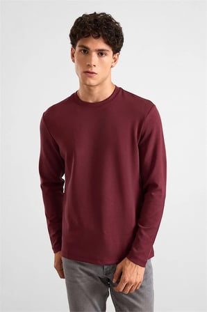 Koyu Bordo Regular Düz Baskısız İnterlok Bisiklet Yaka Cepsiz Düz Sweatshirt