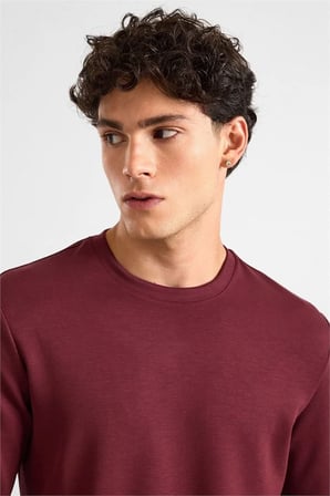 Koyu Bordo Regular Düz Baskısız İnterlok Bisiklet Yaka Cepsiz Düz Sweatshirt