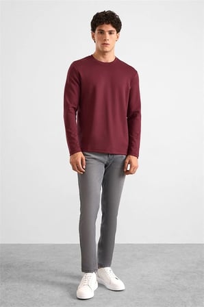 Koyu Bordo Regular Düz Baskısız İnterlok Bisiklet Yaka Cepsiz Düz Sweatshirt