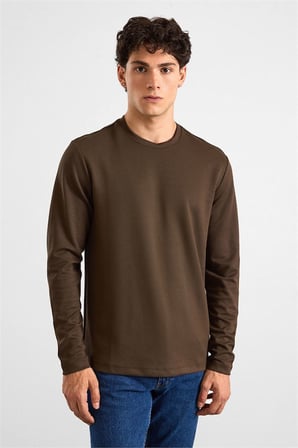 Koyu Kahve Regular Düz Baskısız İnterlok Bisiklet Yaka Cepsiz Düz Sweatshirt