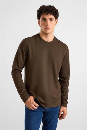 Koyu Kahve Regular Düz Baskısız İnterlok Bisiklet Yaka Cepsiz Düz Sweatshirt