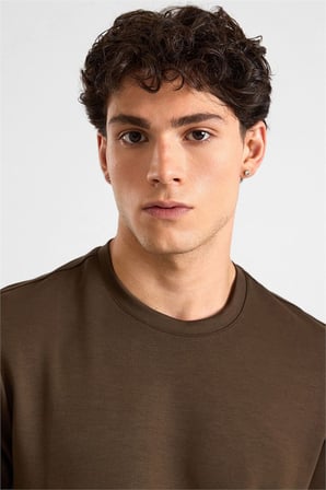 Koyu Kahve Regular Düz Baskısız İnterlok Bisiklet Yaka Cepsiz Düz Sweatshirt