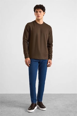 Koyu Kahve Regular Düz Baskısız İnterlok Bisiklet Yaka Cepsiz Düz Sweatshirt