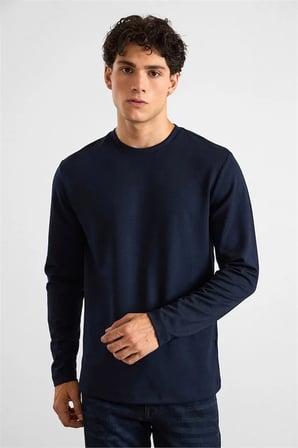 Lacivert Regular Düz Baskısız İnterlok Bisiklet Yaka Cepsiz Düz Sweatshirt