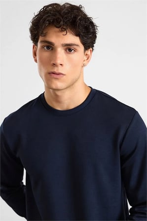 Lacivert Regular Düz Baskısız İnterlok Bisiklet Yaka Cepsiz Düz Sweatshirt