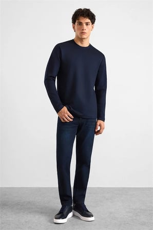 Lacivert Regular Düz Baskısız İnterlok Bisiklet Yaka Cepsiz Düz Sweatshirt