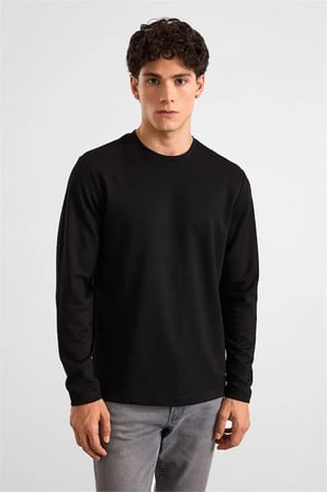 Siyah Regular Düz Baskısız İnterlok Bisiklet Yaka Cepsiz Düz Sweatshirt