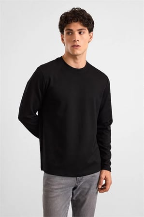 Siyah Regular Düz Baskısız İnterlok Bisiklet Yaka Cepsiz Düz Sweatshirt