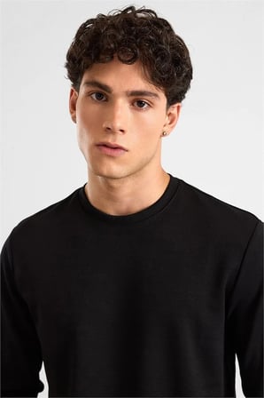 Siyah Regular Düz Baskısız İnterlok Bisiklet Yaka Cepsiz Düz Sweatshirt