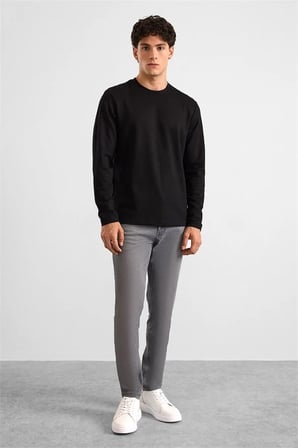 Siyah Regular Düz Baskısız İnterlok Bisiklet Yaka Cepsiz Düz Sweatshirt
