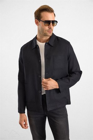 Siyah Regular Bebe Yaka Düz Poplin Torba Cep 4 Drop Spor Ceket