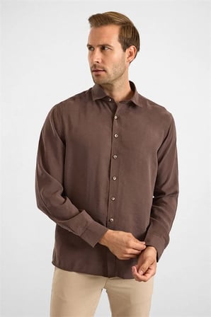 Koyu Kahve Slim Klasik Yaka Düz Pike Torba Cep Manşetli Kısa Kollu Casual Gömlek