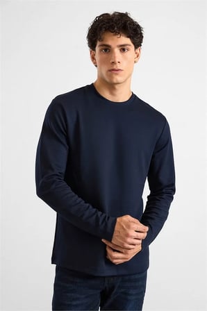 Lacivert Regular Düz Baskısız İnterlok Bisiklet Yaka Cepsiz Düz Sweatshirt
