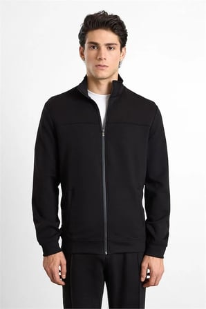 Siyah Regular Düz Baskılı İnterlok Fermuarlı Dik Yaka Cepli Sweatshirt
