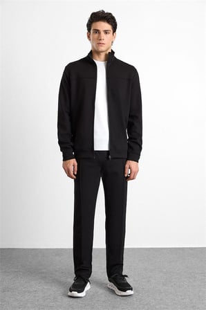 Siyah Regular Düz Baskılı İnterlok Fermuarlı Dik Yaka Cepli Sweatshirt