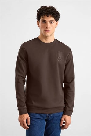 Koyu Kahve Regular Düz Baskılı İnterlok Bisiklet Yaka Cepsiz Sweatshirt