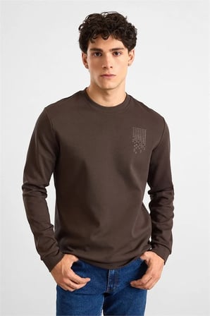 Koyu Kahve Regular Düz Baskılı İnterlok Bisiklet Yaka Cepsiz Sweatshirt