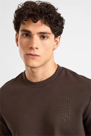 Koyu Kahve Regular Düz Baskılı İnterlok Bisiklet Yaka Cepsiz Sweatshirt