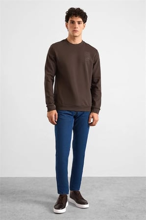 Koyu Kahve Regular Düz Baskılı İnterlok Bisiklet Yaka Cepsiz Sweatshirt