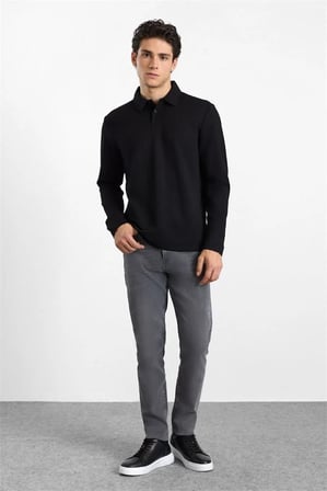 Siyah Regular Dikey Çizgili Baskısız Jakarlı V Pat Polo Yaka Cepsiz Sweatshirt