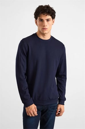 Lacivert Regular Dikey Çizgili Baskısız Jakarlı Bisiklet Yaka Cepsiz Sweatshirt